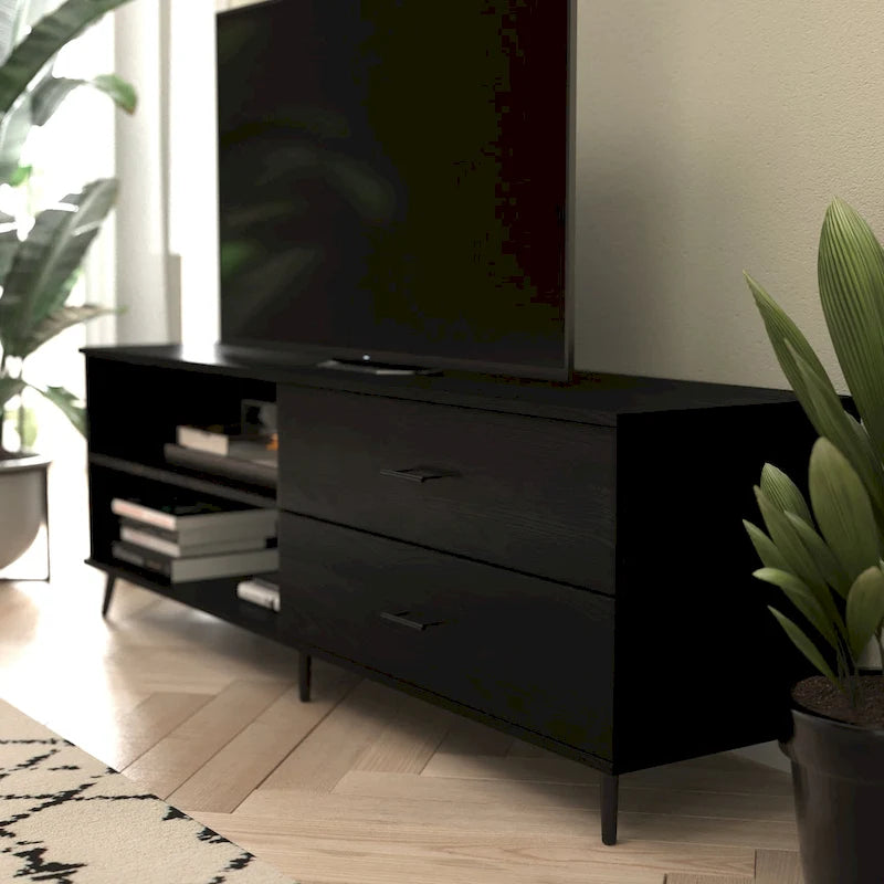 Walnut / Black Mid-Century TV Stand with Adjustable Shelf & 2 Storage Drawers – Fits up to 60 in. TV