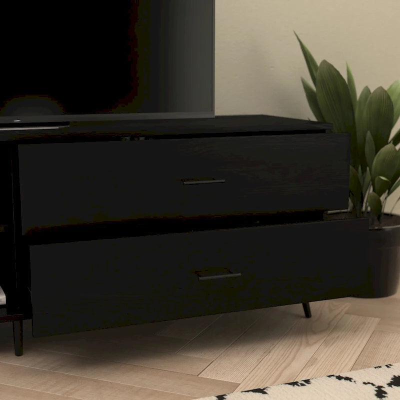 Walnut / Black Mid-Century TV Stand with Adjustable Shelf & 2 Storage Drawers – Fits up to 60 in. TV