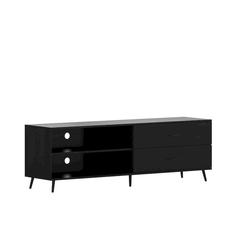 Walnut / Black Mid-Century TV Stand with Adjustable Shelf & 2 Storage Drawers – Fits up to 60 in. TV