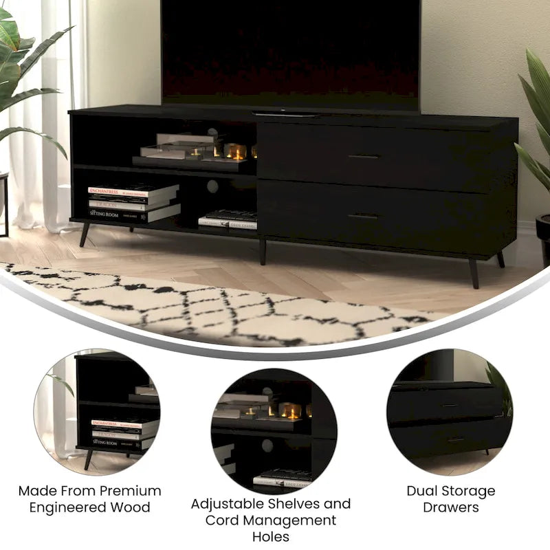 Walnut / Black Mid-Century TV Stand with Adjustable Shelf & 2 Storage Drawers – Fits up to 60 in. TV