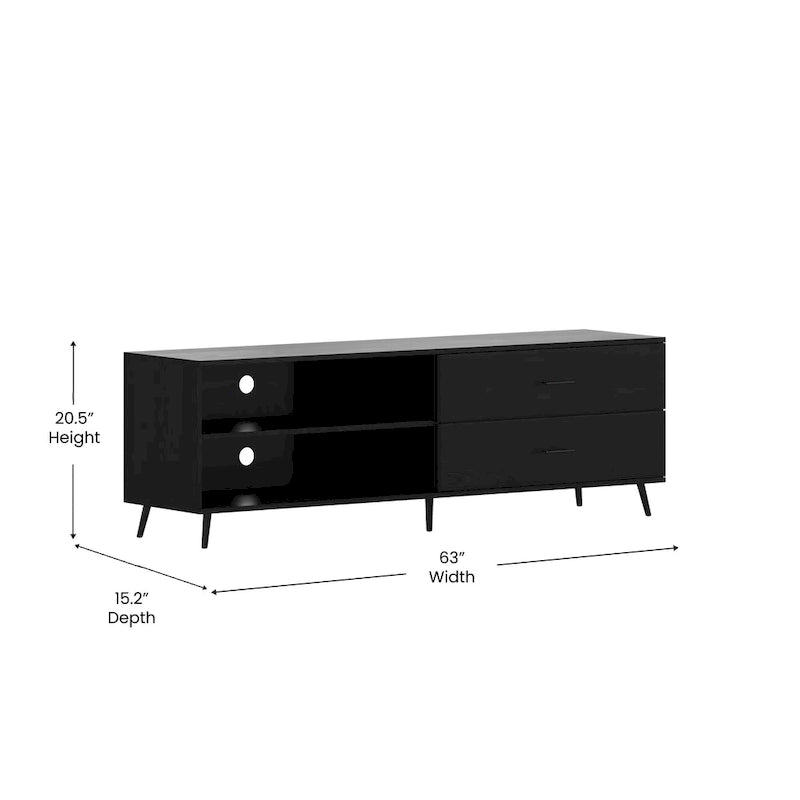 Walnut / Black Mid-Century TV Stand with Adjustable Shelf & 2 Storage Drawers – Fits up to 60 in. TV