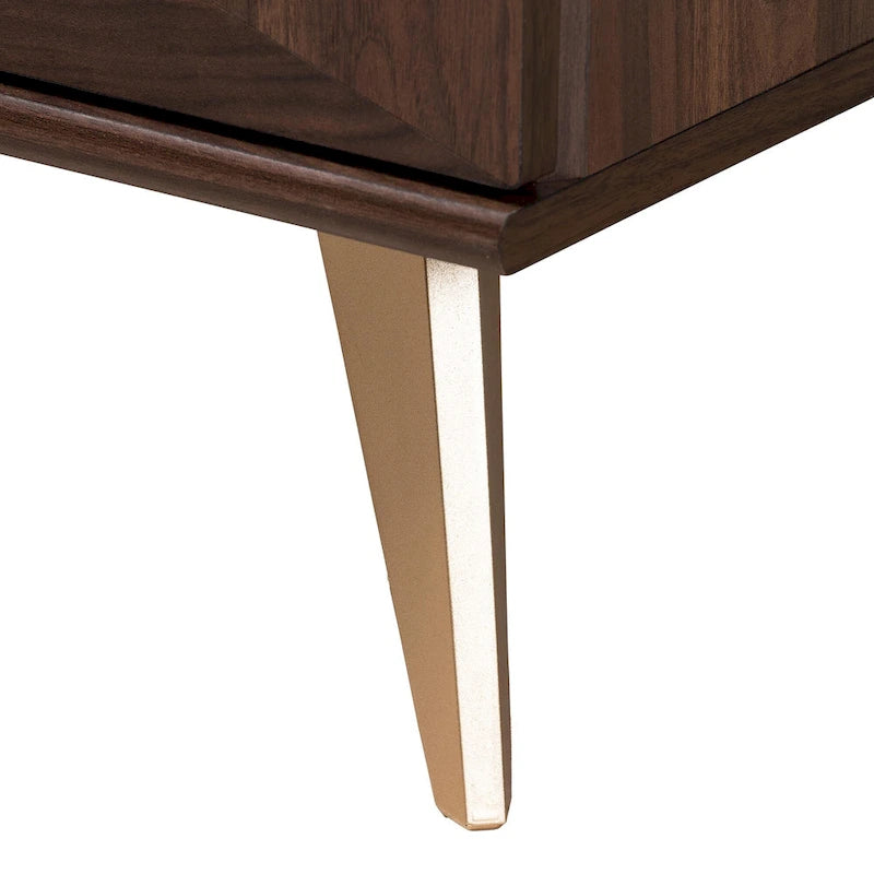 Walnut Brown & Gold Mid-Century 2-Drawer Nightstand with Angled Legs – 1 Person