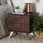 Walnut Brown & Gold Mid-Century 2-Drawer Nightstand with Angled Legs – 1 Person