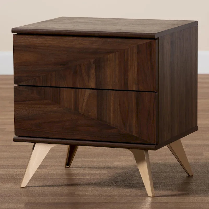 Walnut Brown & Gold Mid-Century 2-Drawer Nightstand with Angled Legs – 1 Person