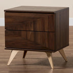 Walnut Brown & Gold Mid-Century 2-Drawer Nightstand with Angled Legs – 1 Person