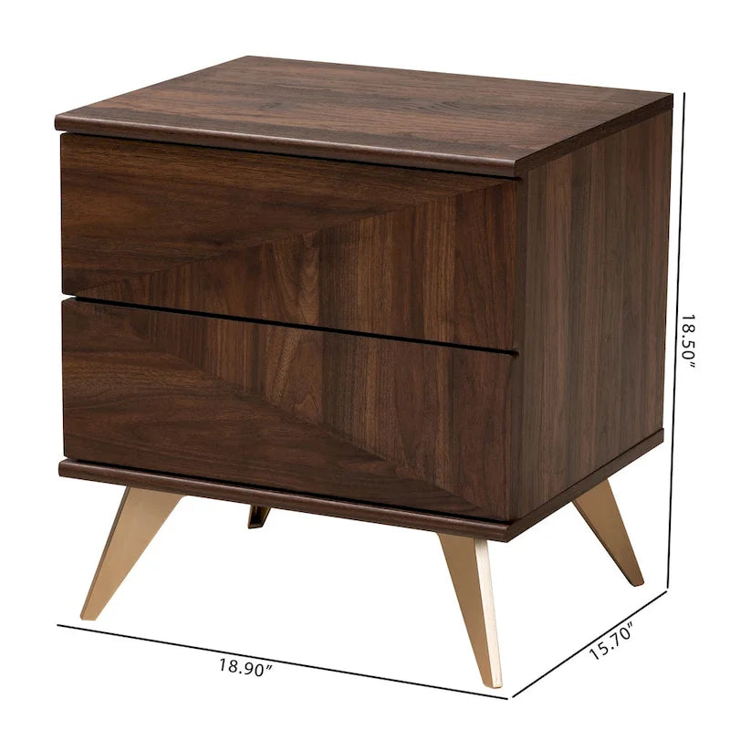 Walnut Brown & Gold Mid-Century 2-Drawer Nightstand with Angled Legs – 1 Person