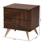 Walnut Brown & Gold Mid-Century 2-Drawer Nightstand with Angled Legs – 1 Person
