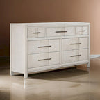 Varos 58 Inch Wide Dresser Chest, 7 Drawers, Nickel Bar Handles, White