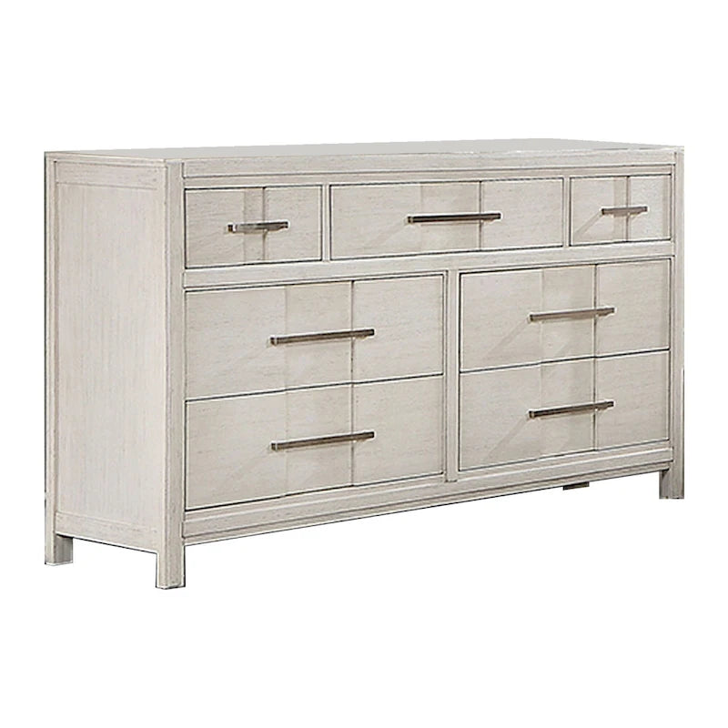 White 7-Drawer Dresser Chest with Nickel Bar Handles & Felt-Lined Top Drawer