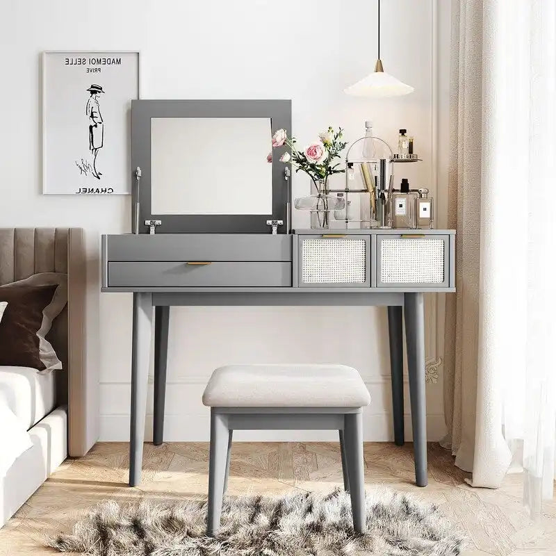 White / Brown / Grey Wood Vanity Desk with Flip-Top Mirror, 3 Drawers & Fabric Stool – 1 Person