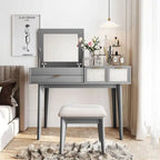 White / Brown / Grey Wood Vanity Desk with Flip-Top Mirror, 3 Drawers & Fabric Stool – 1 Person