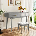 White / Brown / Grey Wood Vanity Desk with Flip-Top Mirror, 3 Drawers & Fabric Stool – 1 Person