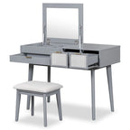 White / Brown / Grey Wood Vanity Desk with Flip-Top Mirror, 3 Drawers & Fabric Stool – 1 Person