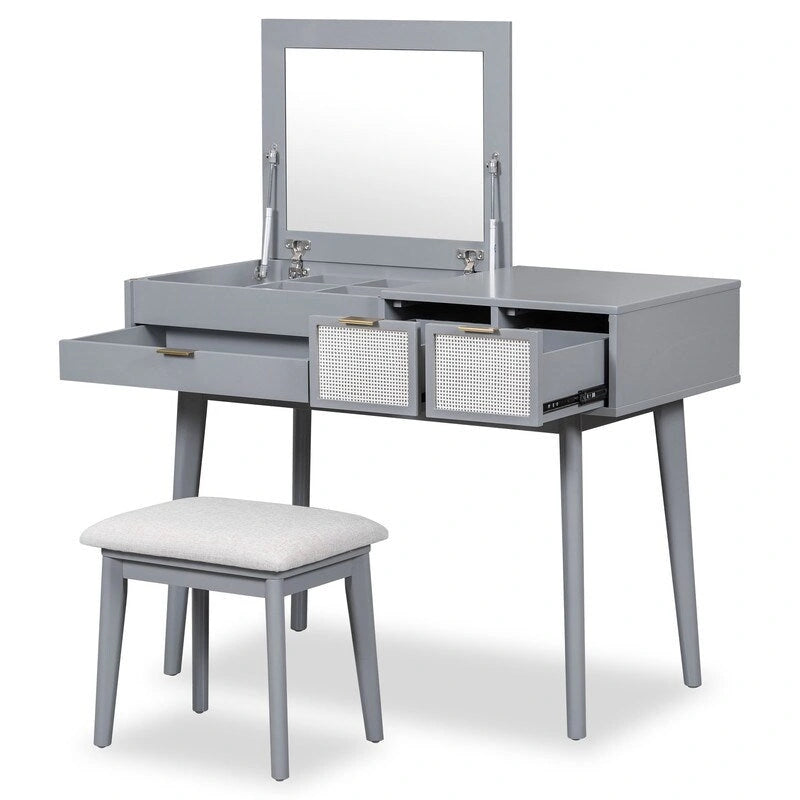 White / Brown / Grey Wood Vanity Desk with Flip-Top Mirror, 3 Drawers & Fabric Stool – 1 Person