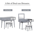 White / Brown / Grey Wood Vanity Desk with Flip-Top Mirror, 3 Drawers & Fabric Stool – 1 Person