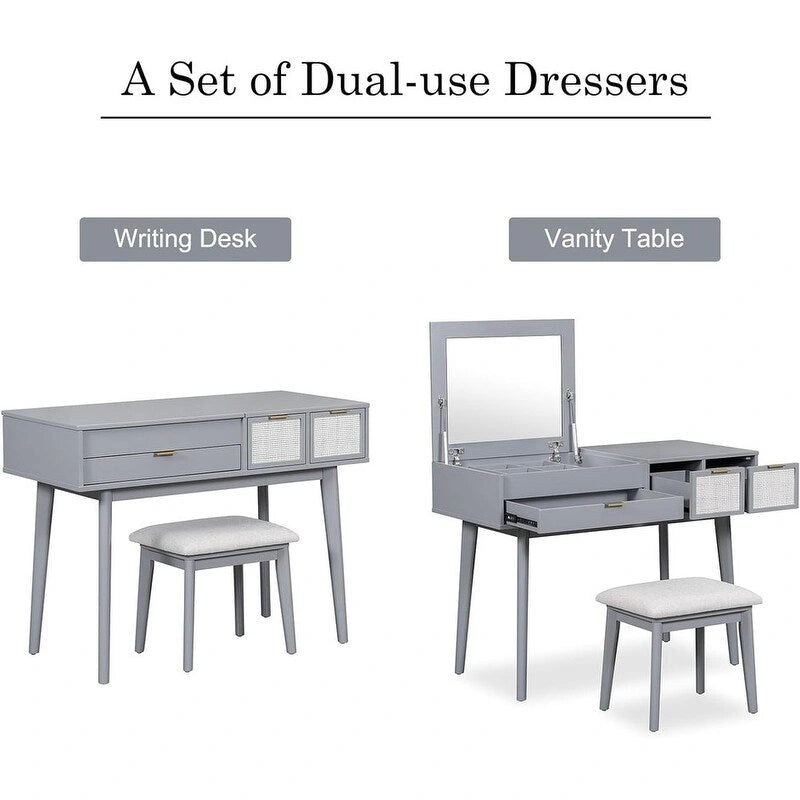 White / Brown / Grey Wood Vanity Desk with Flip-Top Mirror, 3 Drawers & Fabric Stool – 1 Person