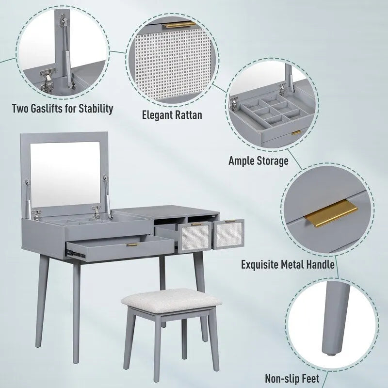 White / Brown / Grey Wood Vanity Desk with Flip-Top Mirror, 3 Drawers & Fabric Stool – 1 Person