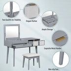 White / Brown / Grey Wood Vanity Desk with Flip-Top Mirror, 3 Drawers & Fabric Stool – 1 Person