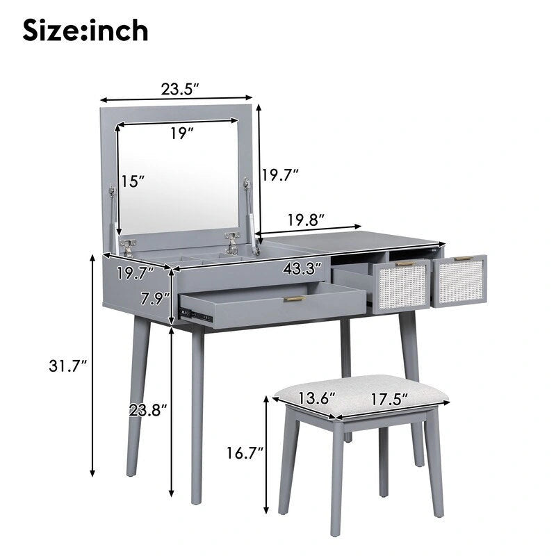 White / Brown / Grey Wood Vanity Desk with Flip-Top Mirror, 3 Drawers & Fabric Stool – 1 Person