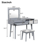 White / Brown / Grey Wood Vanity Desk with Flip-Top Mirror, 3 Drawers & Fabric Stool – 1 Person