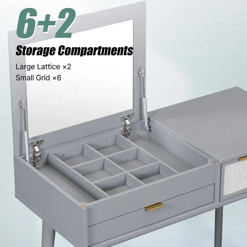 White / Brown / Grey Wood Vanity Desk with Flip-Top Mirror, 3 Drawers & Fabric Stool – 1 Person