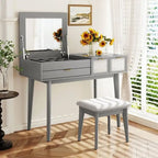White / Brown / Grey Wood Vanity Desk with Flip-Top Mirror, 3 Drawers & Fabric Stool – 1 Person