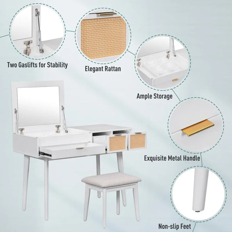 White / Brown / Grey Wood Vanity Desk with Flip-Top Mirror, 3 Drawers & Fabric Stool – 1 Person
