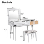White / Brown / Grey Wood Vanity Desk with Flip-Top Mirror, 3 Drawers & Fabric Stool – 1 Person