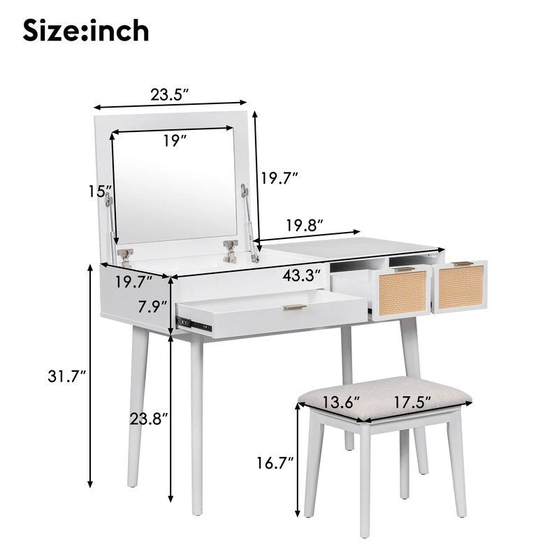 White / Brown / Grey Wood Vanity Desk with Flip-Top Mirror, 3 Drawers & Fabric Stool – 1 Person