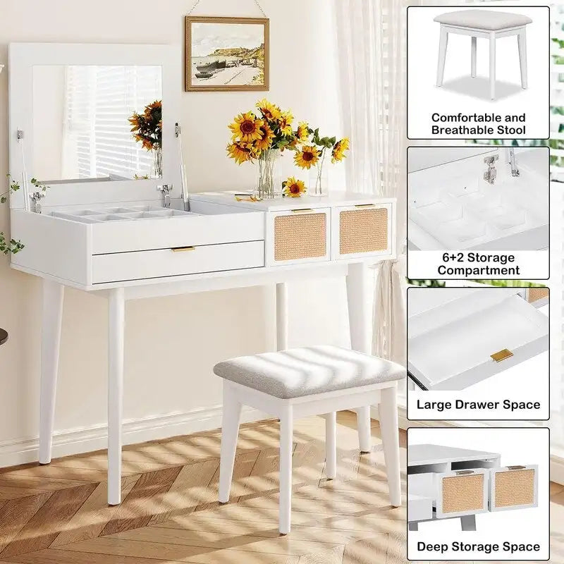 White / Brown / Grey Wood Vanity Desk with Flip-Top Mirror, 3 Drawers & Fabric Stool – 1 Person