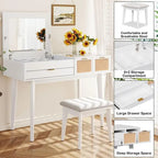 White / Brown / Grey Wood Vanity Desk with Flip-Top Mirror, 3 Drawers & Fabric Stool – 1 Person