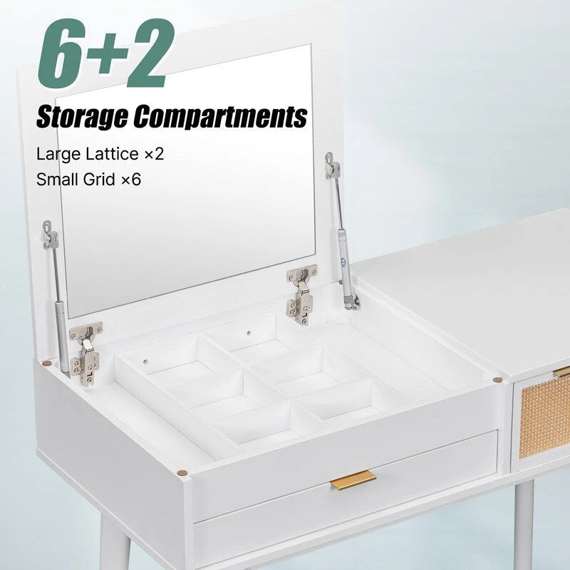 White / Brown / Grey Wood Vanity Desk with Flip-Top Mirror, 3 Drawers & Fabric Stool – 1 Person