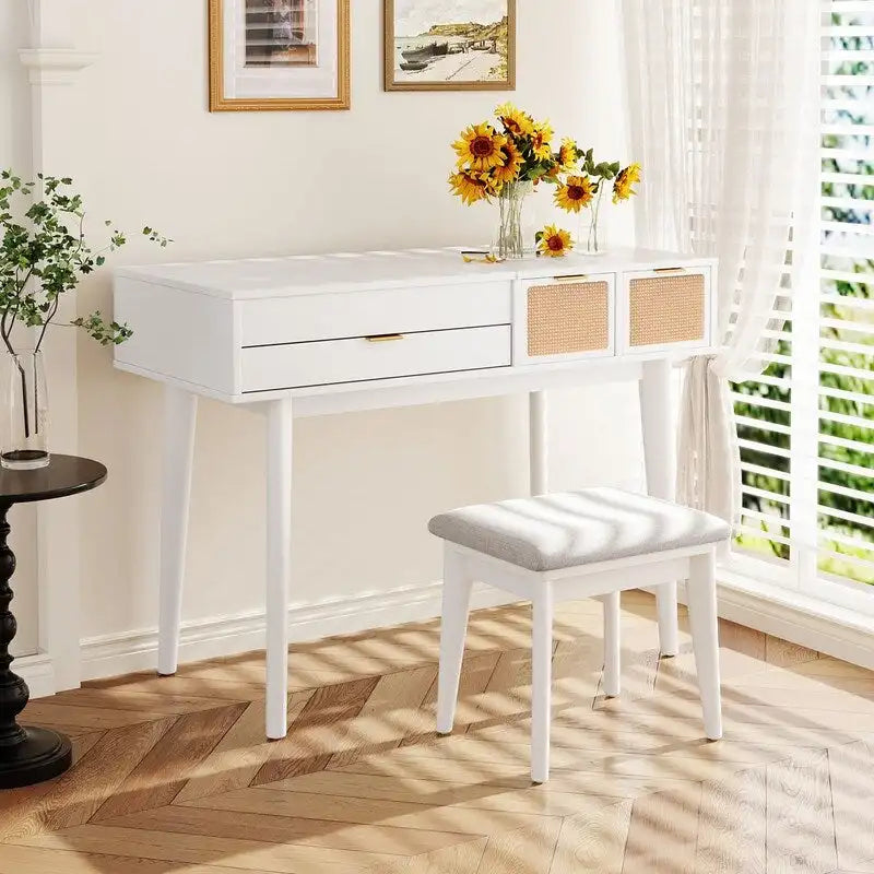 White / Brown / Grey Wood Vanity Desk with Flip-Top Mirror, 3 Drawers & Fabric Stool – 1 Person