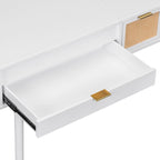 White / Brown / Grey Wood Vanity Desk with Flip-Top Mirror, 3 Drawers & Fabric Stool – 1 Person