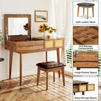 White / Brown / Grey Wood Vanity Desk with Flip-Top Mirror, 3 Drawers & Fabric Stool – 1 Person