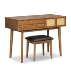 White / Brown / Grey Wood Vanity Desk with Flip-Top Mirror, 3 Drawers & Fabric Stool – 1 Person