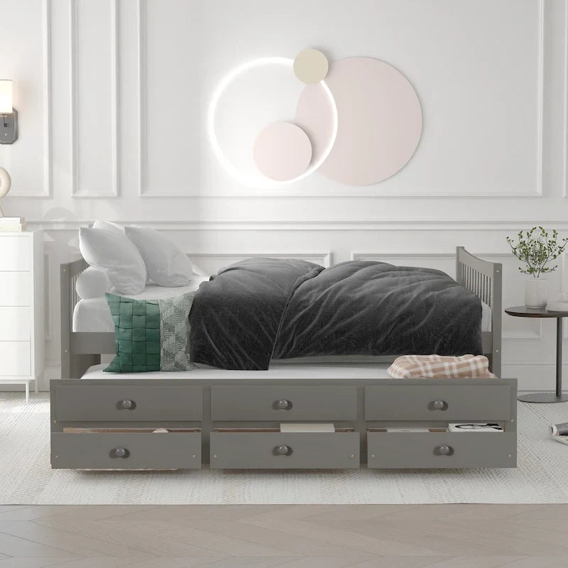Grey / White Plywood Daybed with Pull-Out Trundle & 3 Drawers – Twin / Full – 1-2 Person