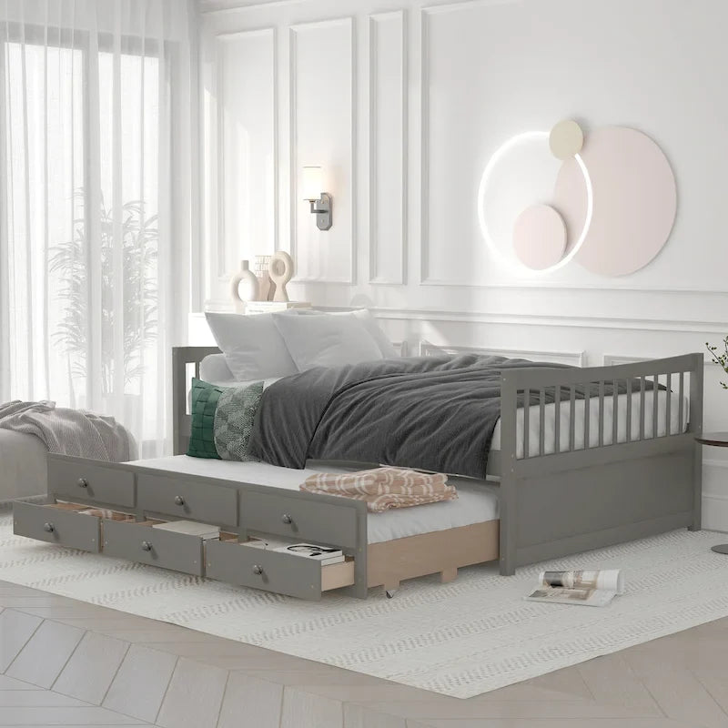 Grey / White Plywood Daybed with Pull-Out Trundle & 3 Drawers – Twin / Full – 1-2 Person