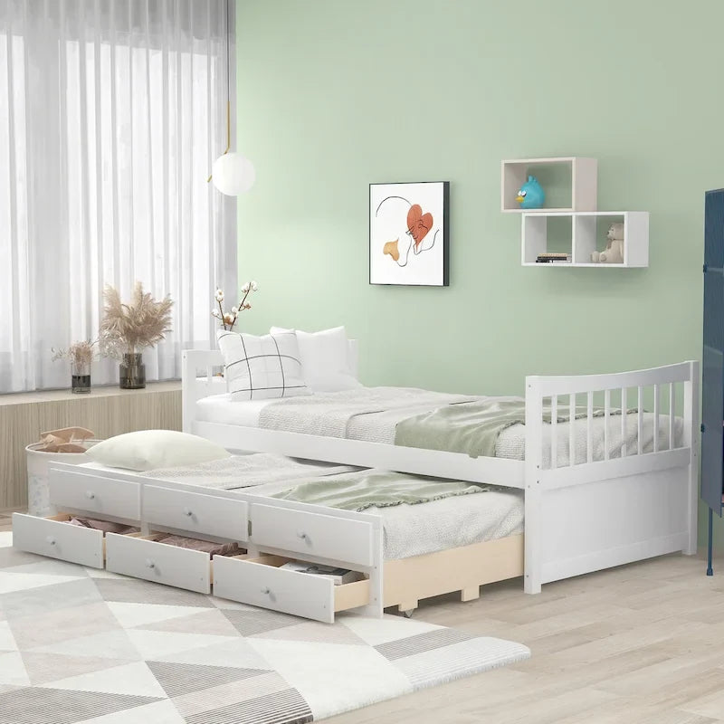 Grey / White Plywood Daybed with Pull-Out Trundle & 3 Drawers – Twin / Full – 1-2 Person