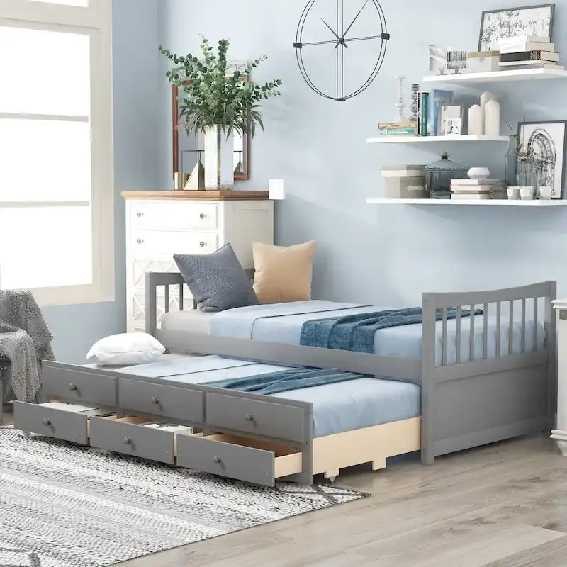 Grey / White Plywood Daybed with Pull-Out Trundle & 3 Drawers – Twin / Full – 1-2 Person