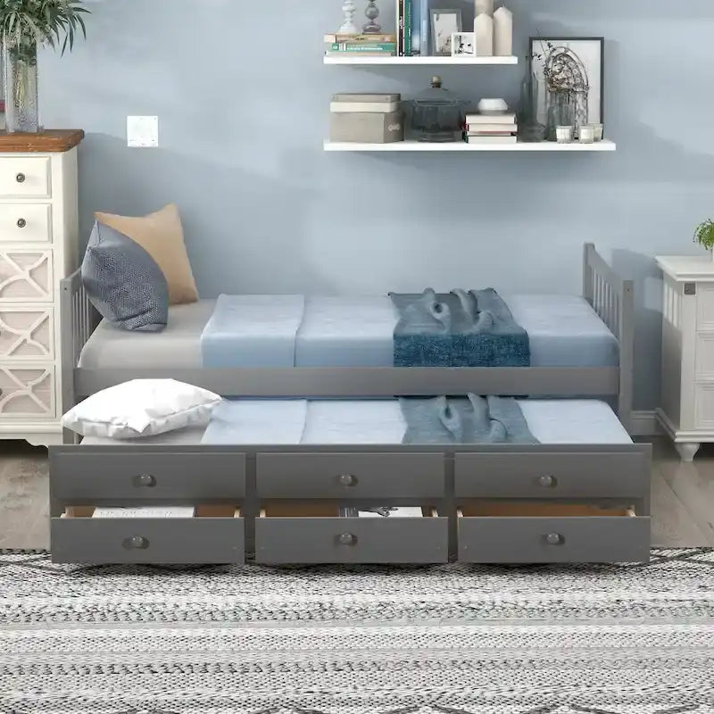 Grey / White Plywood Daybed with Pull-Out Trundle & 3 Drawers – Twin / Full – 1-2 Person