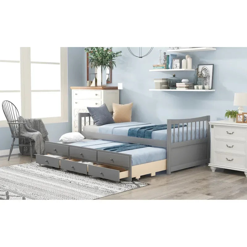 Grey / White Plywood Daybed with Pull-Out Trundle & 3 Drawers – Twin / Full – 1-2 Person