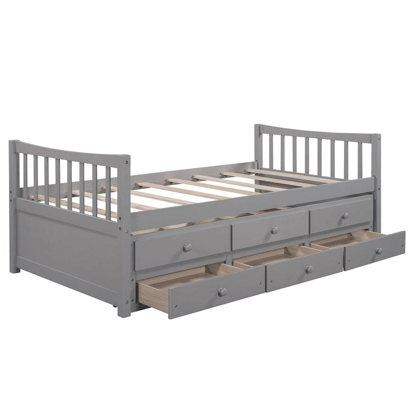 Grey / White Plywood Daybed with Pull-Out Trundle & 3 Drawers – Twin / Full – 1-2 Person