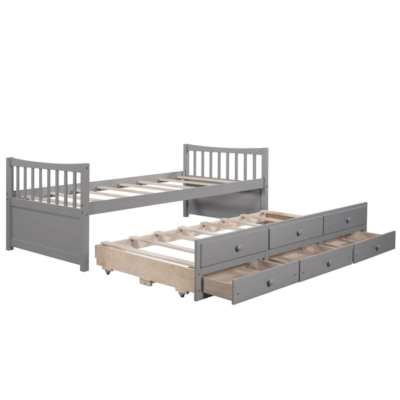 Grey / White Plywood Daybed with Pull-Out Trundle & 3 Drawers – Twin / Full – 1-2 Person