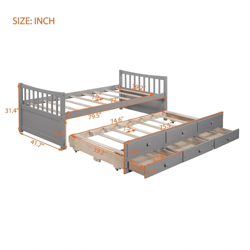 Grey / White Plywood Daybed with Pull-Out Trundle & 3 Drawers – Twin / Full – 1-2 Person