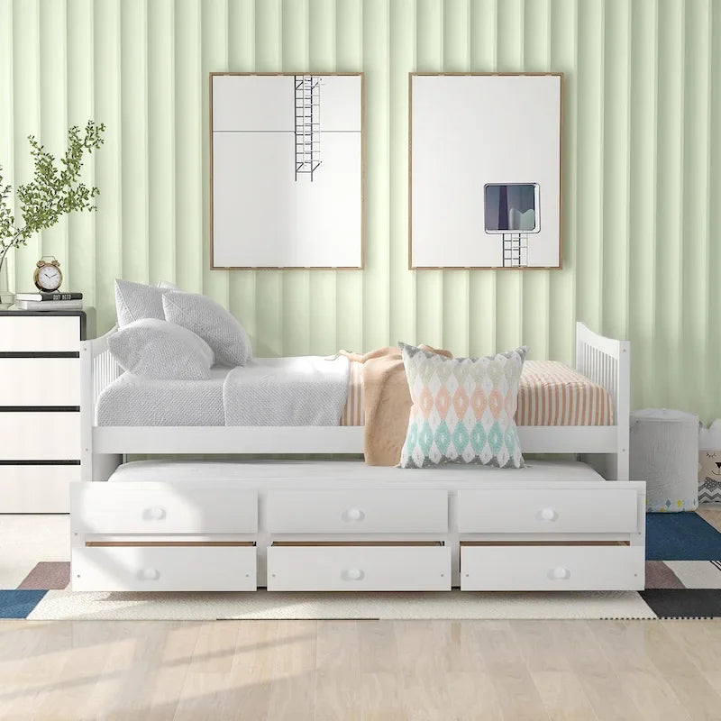 Grey / White Plywood Daybed with Pull-Out Trundle & 3 Drawers – Twin / Full – 1-2 Person