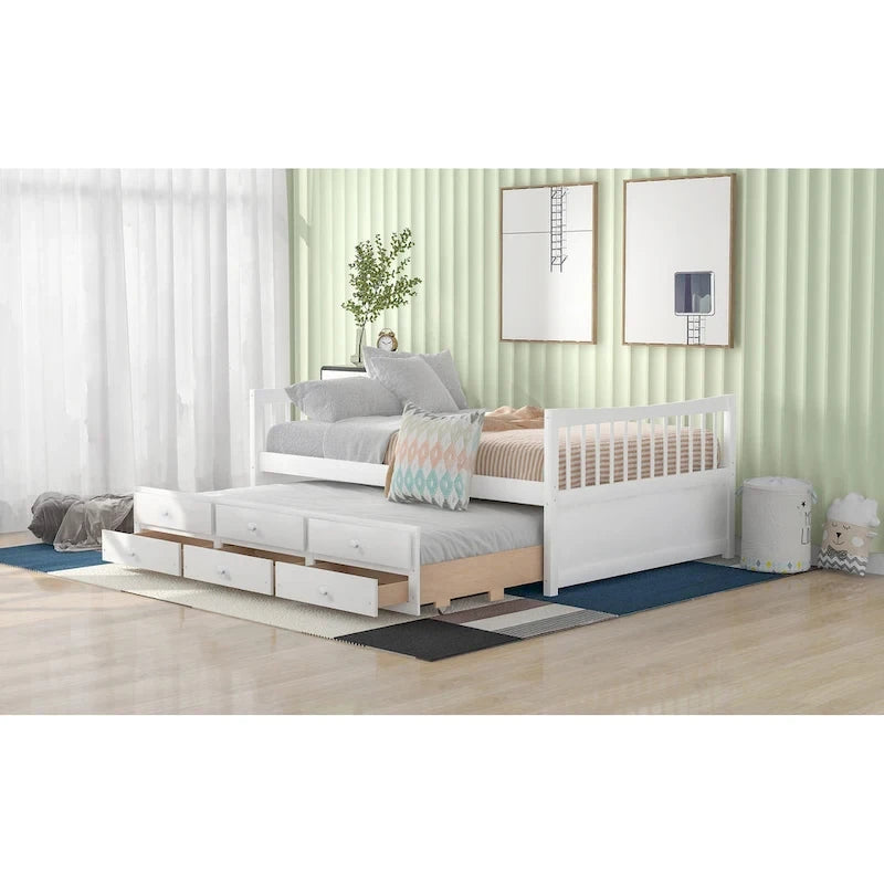 Grey / White Plywood Daybed with Pull-Out Trundle & 3 Drawers – Twin / Full – 1-2 Person