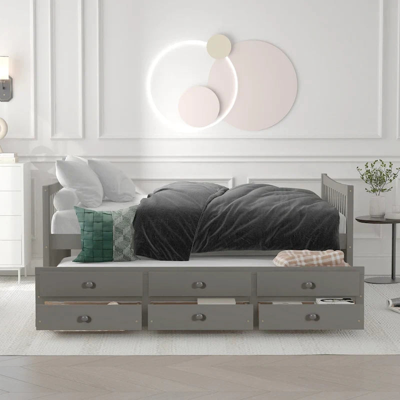 Grey / White Plywood Daybed with Pull-Out Trundle & 3 Drawers – Twin / Full – 1-2 Person