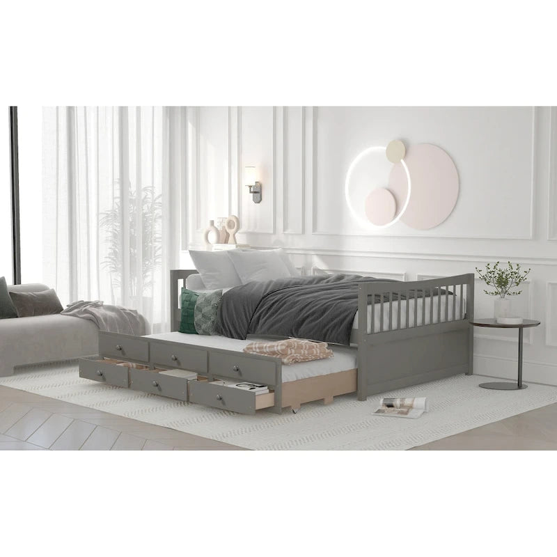 Grey / White Plywood Daybed with Pull-Out Trundle & 3 Drawers – Twin / Full – 1-2 Person