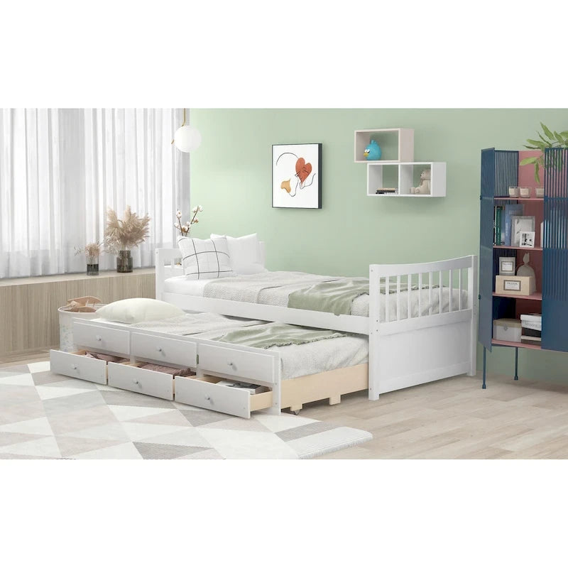 Grey / White Plywood Daybed with Pull-Out Trundle & 3 Drawers – Twin / Full – 1-2 Person